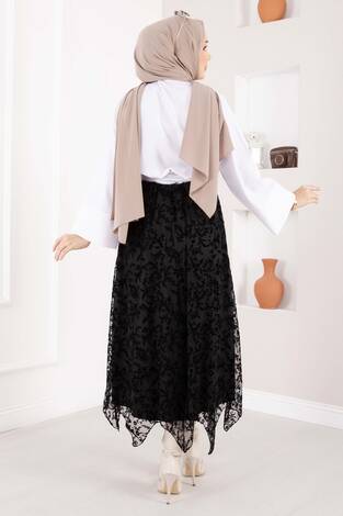 Asimetrik Flok Desen Tül Etek Siyah - Thumbnail