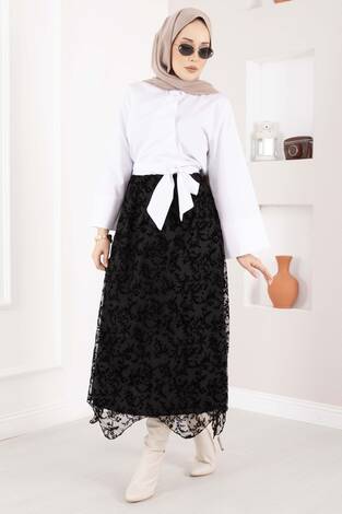 Asimetrik Flok Desen Tül Etek Siyah - Thumbnail
