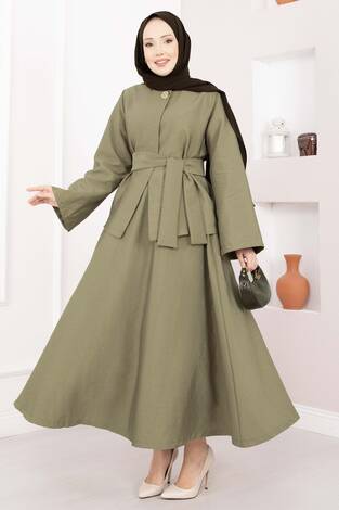 Asimetrik Gold Düğmeli Kemerli Etek & Ceket Takım Haki - Thumbnail