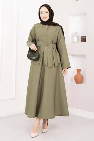 Asimetrik Gold Düğmeli Kemerli Etek & Ceket Takım Haki - Thumbnail