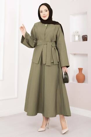 Asimetrik Gold Düğmeli Kemerli Etek & Ceket Takım Haki - Thumbnail
