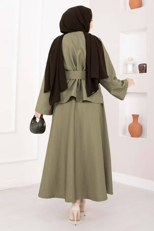 Asimetrik Gold Düğmeli Kemerli Etek & Ceket Takım Haki - Thumbnail