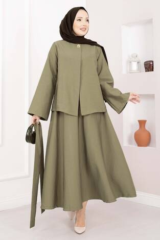 Asimetrik Gold Düğmeli Kemerli Etek & Ceket Takım Haki - Thumbnail