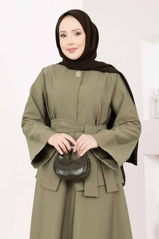 Asimetrik Gold Düğmeli Kemerli Etek & Ceket Takım Haki - Thumbnail