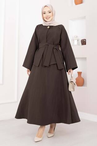 Asimetrik Gold Düğmeli Kemerli Etek & Ceket Takım Kahve - Thumbnail