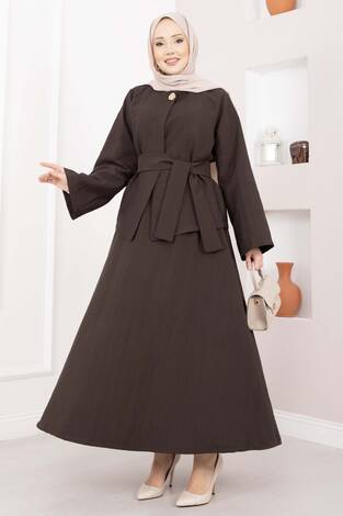 Asimetrik Gold Düğmeli Kemerli Etek & Ceket Takım Kahve - Thumbnail