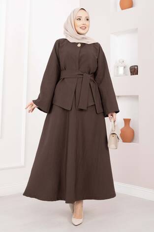 Asimetrik Gold Düğmeli Kemerli Etek & Ceket Takım Kahve - Thumbnail