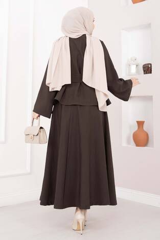 Asimetrik Gold Düğmeli Kemerli Etek & Ceket Takım Kahve - Thumbnail