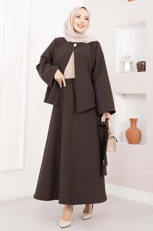 Asimetrik Gold Düğmeli Kemerli Etek & Ceket Takım Kahve - Thumbnail