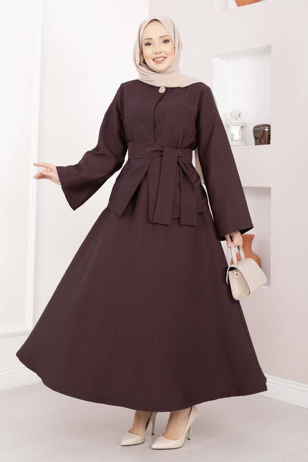 MD - Asimetrik Gold Düğmeli Kemerli Etek & Ceket Takım Mürdüm