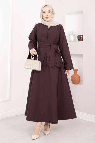 Asimetrik Gold Düğmeli Kemerli Etek & Ceket Takım Mürdüm - Thumbnail