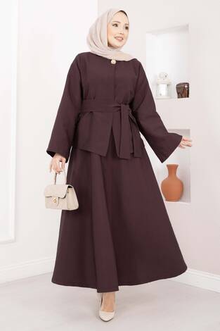 Asimetrik Gold Düğmeli Kemerli Etek & Ceket Takım Mürdüm - Thumbnail