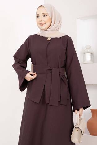 Asimetrik Gold Düğmeli Kemerli Etek & Ceket Takım Mürdüm - Thumbnail