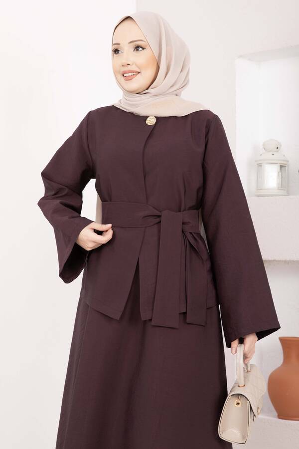 MD - Asimetrik Gold Düğmeli Kemerli Etek & Ceket Takım Mürdüm (1)