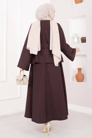 Asimetrik Gold Düğmeli Kemerli Etek & Ceket Takım Mürdüm - Thumbnail