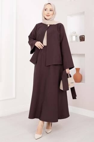 Asimetrik Gold Düğmeli Kemerli Etek & Ceket Takım Mürdüm - Thumbnail