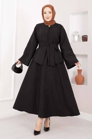 Asimetrik Gold Düğmeli Kemerli Etek & Ceket Takım Siyah - Thumbnail