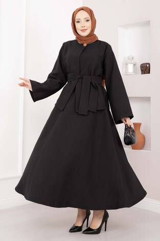Asimetrik Gold Düğmeli Kemerli Etek & Ceket Takım Siyah - Thumbnail