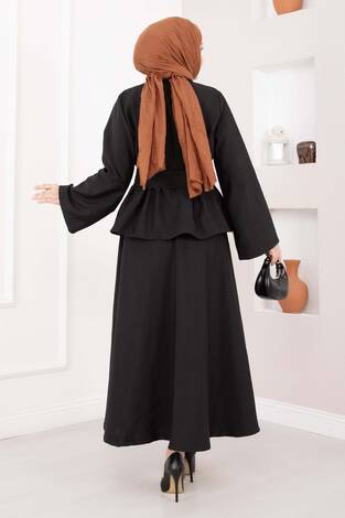 Asimetrik Gold Düğmeli Kemerli Etek & Ceket Takım Siyah - Thumbnail