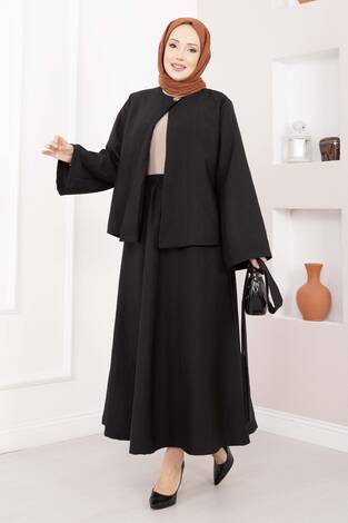 Asimetrik Gold Düğmeli Kemerli Etek & Ceket Takım Siyah - Thumbnail