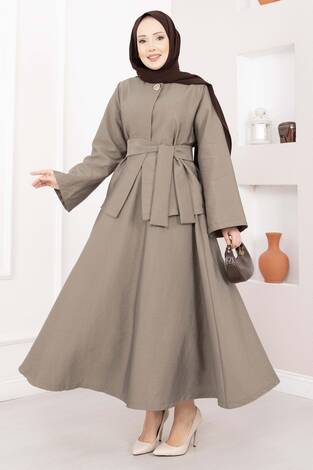 Asimetrik Gold Düğmeli Kemerli Etek & Ceket Takım Vizon - Thumbnail