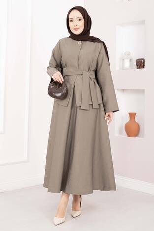 Asimetrik Gold Düğmeli Kemerli Etek & Ceket Takım Vizon - Thumbnail