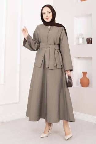 Asimetrik Gold Düğmeli Kemerli Etek & Ceket Takım Vizon - Thumbnail