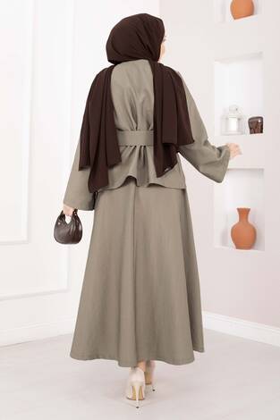 Asimetrik Gold Düğmeli Kemerli Etek & Ceket Takım Vizon - Thumbnail