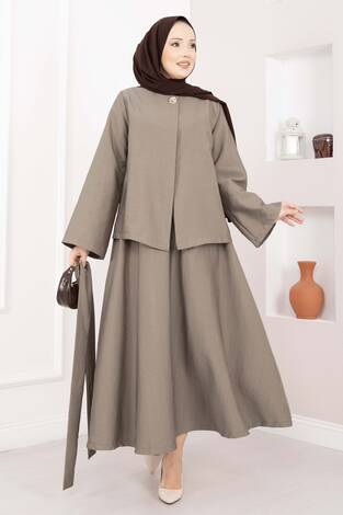 Asimetrik Gold Düğmeli Kemerli Etek & Ceket Takım Vizon - Thumbnail