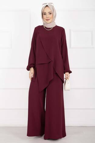 Asimetrik Kesim Aerobin Tesettür İkili Takım Bordo - Thumbnail