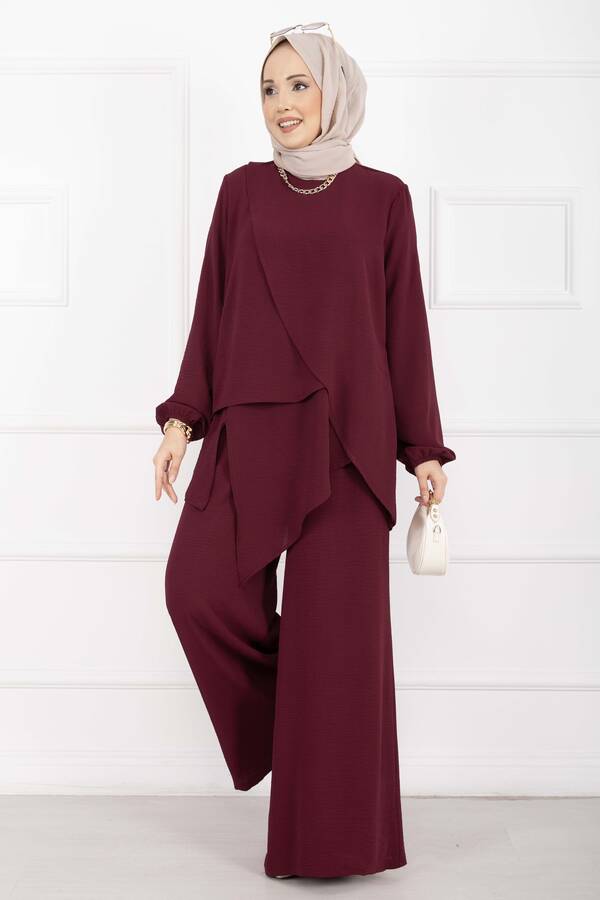 MD - Asimetrik Kesim Aerobin Tesettür İkili Takım Bordo