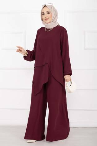 Asimetrik Kesim Aerobin Tesettür İkili Takım Bordo - Thumbnail