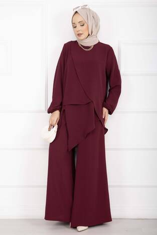 Asimetrik Kesim Aerobin Tesettür İkili Takım Bordo - Thumbnail