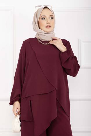 Asimetrik Kesim Aerobin Tesettür İkili Takım Bordo - Thumbnail
