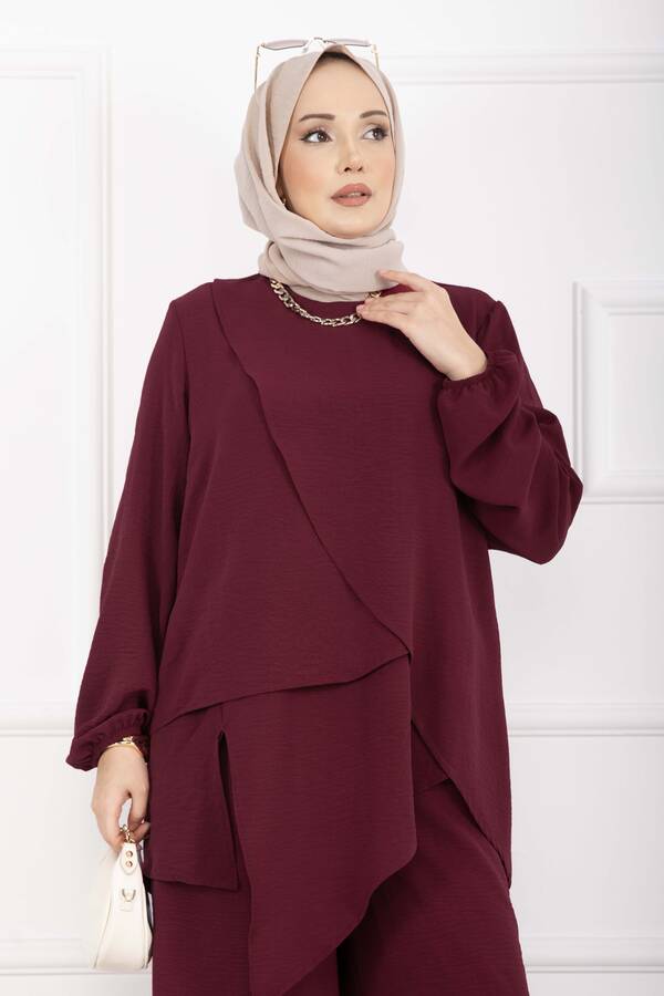 MD - Asimetrik Kesim Aerobin Tesettür İkili Takım Bordo (1)