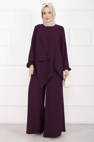 Asimetrik Kesim Aerobin Tesettür İkili Takım Mürdüm - Thumbnail