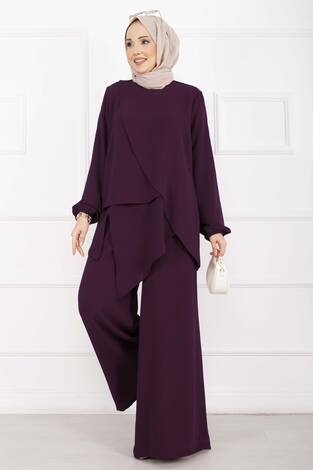 Asimetrik Kesim Aerobin Tesettür İkili Takım Mürdüm - Thumbnail