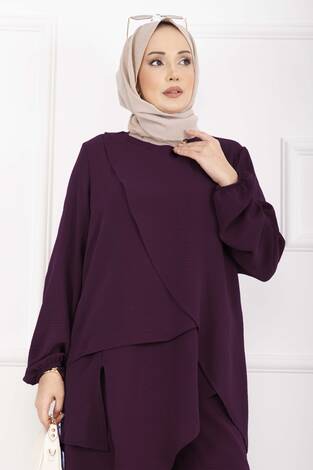 Asimetrik Kesim Aerobin Tesettür İkili Takım Mürdüm - Thumbnail