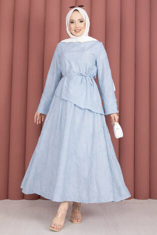 Asimetrik Kesim Bağcıklı Nakışlı Etek Takım Bebe Mavisi - Thumbnail