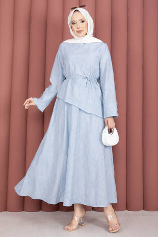 Asimetrik Kesim Bağcıklı Nakışlı Etek Takım Bebe Mavisi - Thumbnail