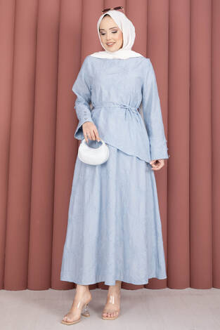 Asimetrik Kesim Bağcıklı Nakışlı Etek Takım Bebe Mavisi - Thumbnail