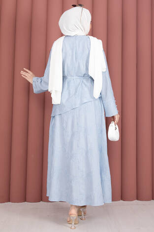 Asimetrik Kesim Bağcıklı Nakışlı Etek Takım Bebe Mavisi - Thumbnail