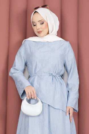 Asimetrik Kesim Bağcıklı Nakışlı Etek Takım Bebe Mavisi - Thumbnail