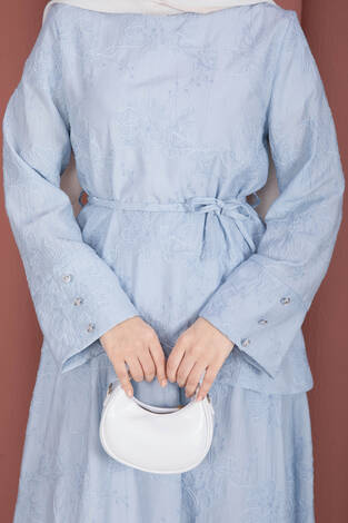 Asimetrik Kesim Bağcıklı Nakışlı Etek Takım Bebe Mavisi - Thumbnail