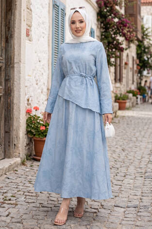 Asimetrik Kesim Bağcıklı Nakışlı Etek Takım Bebe Mavisi - Thumbnail