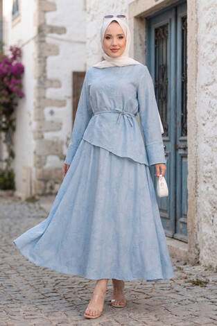 Asimetrik Kesim Bağcıklı Nakışlı Etek Takım Bebe Mavisi