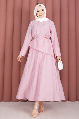 Asimetrik Kesim Bağcıklı Nakışlı Etek Takım Pembe - Thumbnail