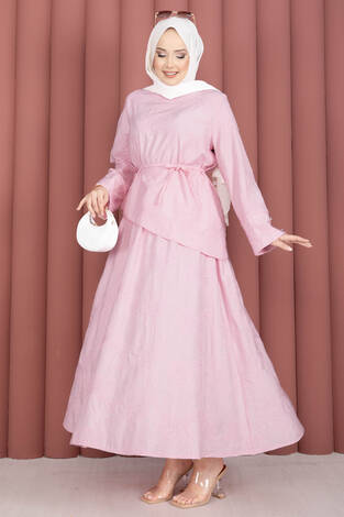 Asimetrik Kesim Bağcıklı Nakışlı Etek Takım Pembe - Thumbnail