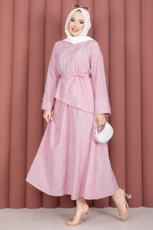 Asimetrik Kesim Bağcıklı Nakışlı Etek Takım Pembe - Thumbnail