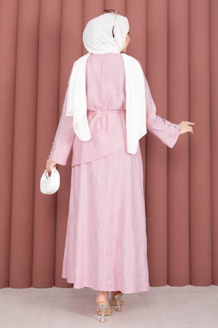 Asimetrik Kesim Bağcıklı Nakışlı Etek Takım Pembe - Thumbnail